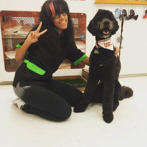 En elev hänger med hundprofessorn.